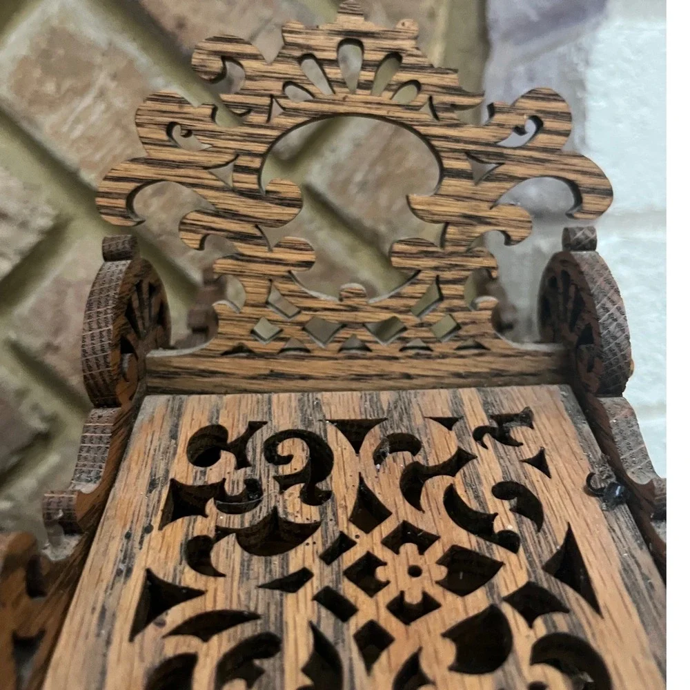 Folk art Handmade fretwork wooden basket hinged compartments‎ signed
